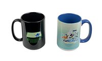 Two mugs shown side-by-side, black Lilo & Stitch jeep mug and blue interior Run Disney mug