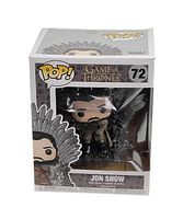 Front view of Funko Pop Game of Thrones Jon Snow figure in original box with visible wear and damage.