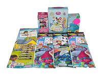 All items in the lot showing multiple children's activity coloring sets and crayons featuring popular characters such as Trolls, Frozen, Smurfs, Disney Princess, Doc McStuffins, and Peppa Pig.