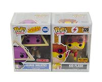 Front view showing the boxed George Holistic Seinfeld Funko Pop (Target Exclusive) and Kid Flash Funko Pop (Hot Topic Exclusive). Figures visible through front window box.