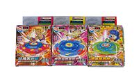 Front view of three sealed Hei Pao BeyBlade style toys in colorful packaging with character art and spinning tops visible.