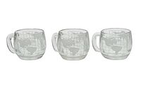 Set of three clear glass mugs with etched world map design, front view showing the map details around the mugs