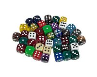 Photo showing 40 assorted vintage playing dice in various colors like green, white, black, blue, red, yellow, purple, brown, and marbled with white pips.