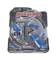 Front image of Monsuno Charger Spin It toy in original damaged packaging including figure, core, and cards.