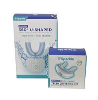 Front packaging of both Sparkle 360° U-Shaped Electric Toothbrush and LED Blue Light Teeth Whitening Kit showing products and branding.
