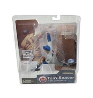 Front view of sealed Tom Seaver McFarlane figure in clear blister packaging, showing figure in pitching pose and front promotional card.