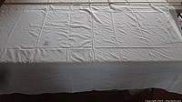 Flat spread-out view of the large white linen sheet showing full surface and texture with visible creases.