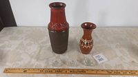 Mid Century Jasba Keramik vase alongside smaller Bulgarian mud vase and 3 vintage glass salt cellars, all displayed with a ruler for size reference.
