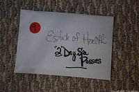 Envelope labeled 'Estate of Health 2 Day Spa Passes' photographed on carpet.