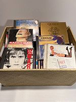 Box with front row of CDs showing albums by Radiohead, Queen, U2, Eagles, Icehouse, and Pret a Porter soundtrack