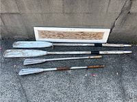 All items laid out on concrete surface showing the two sets of oars and wooden panel