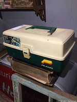 Closed Plano 4100 plastic tackle box showing condition and size
