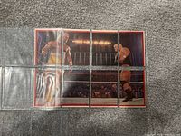 Poster composed of six separate cards featuring Hulk Hogan wrestling scene inside plastic protective sleeves on carpet.