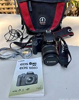 Overall kit laid out: camera with lens and strap, Tamrac bag, manual, cables