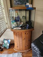 Full view of 28 gallon bow front aquarium on oak stand containing various accessories.