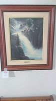 Full view of framed Mark Gudmundsen reprint artwork featuring bears near waterfall with surrounding trees and rocks, showing condition and mounting.
