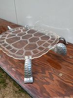 Clear lucite turtle serving tray with silver metal detailed turtle head and leg, showing top shell pattern and elegant design