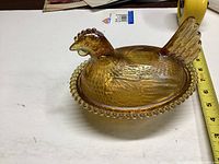 Top side view of iridescent hen on nest glass dish with measuring tape nearby showing size about 8 inches long.