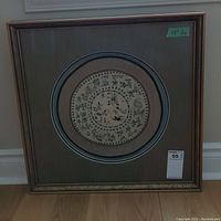 Framed circular art panel with upholstery fabric borders shown from front with labels