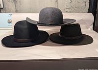 Three wool hats displayed: one gray Roots brand wide brim hat and two black Bart Broner hats.