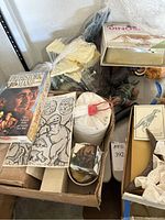 Overview of dinosaur-themed items including plaster molds, dinosaur figurines, a book, and informational cards packed in boxes and bags.