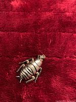 Close-up of the silver beetle pendant showing detailed segmented body and articulated legs lying flat on a red velvet surface.