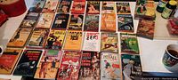 Photo showing 30 vintage paperback books on a table with various cover art and titles visible such as Perry Mason, Agatha Christie, Tobacco Road, Kitty, Island in the Sun, and others.