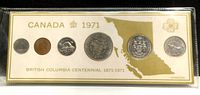 Front side of coins in plastic holder with Canada 1971 and British Columbia Centennial 1871-1971 text and gold map graphic