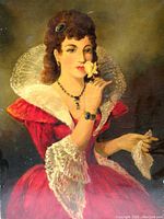 Frontal view of the oil painting depicting a woman in vintage-style red dress with lace, holding a yellow rose near her face.
