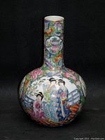 Front view of vintage famille rose vase showing detailed figurative painting of women in traditional attire and colorful floral patterns.