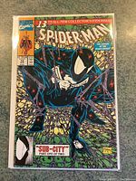 Full frontal view of Spider-Man #13 comic book sealed in protective plastic, showing colorful cover art with Spider-Man in black suit.
