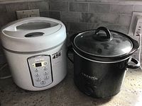 Image showing Aroma rice cooker and black Crock-Pot slow cooker side by side on a kitchen counter.