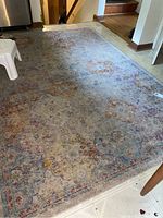Full view of the 5x7 area rug showing faded blue and beige primary colors with scattered red and yellow floral motifs.