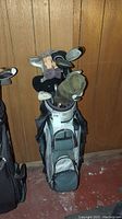 Full view of Golf Trends golf bag filled with golf clubs against a wood panel wall