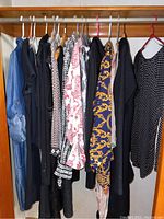 View of all hung ladies clothes including dresses, sweaters and blouses in various patterns and colors size 12