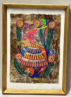 Framed original watercolour painting showing minor frame wear and floral bird motif.