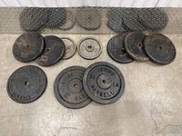 Overview of eight weight plates of various sizes and brands against a concrete floor and metal background.