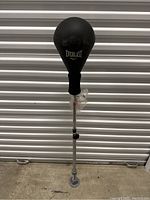 Full view of Everlast speed bag mounted on adjustable metal stand with round base for stability.
