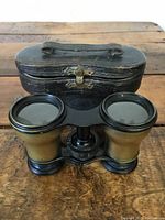Front view of antique brass binoculars with black trim, placed in front of original black leather case showing clasp and handle.