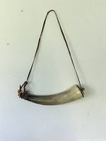Full view of the powder flask hanging from the leather strap against a plain wall, showing its curved horn body and the strap connections.