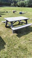 Full view of the gray painted wooden picnic table with attached benches placed on grass outdoors.