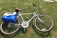 Full side view of the white Raleigh bicycle with attached blue rear saddle bag laid on grass.