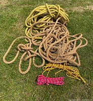 Full pile of various ropes laid out on grass showing large yellow synthetic rope, multiple natural fiber ropes, and two smaller synthetic ropes.