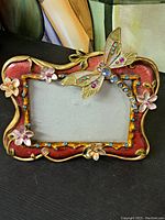 Full front view of the decorative frame showing red and gold-tone wavy border with flower and dragonfly details