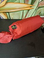 Red fabric carrying bag with elastic opening containing sleeping bag and visible brand label.