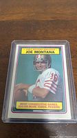 Photo of 1983 Topps Joe Montana rookie football card in protective plastic case