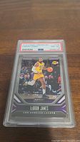 Front view of 2019 Panini Chronicles Playbook LeBron James basketball card graded PSA 8 in slab showing full card image and grade label.