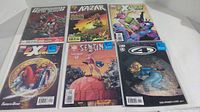 6 Marvel comic books laid out showing covers of Guardians of the Galaxy, Ka-Zar, Exiles, Sentinel, Fantastic Four