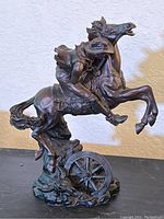 Side view of the entire cowboy on horse resin figure showing the rearing horse, rider holding a rifle, and sculpted base with wagon wheel.