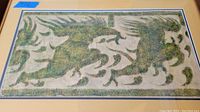 Full view of abstract green and beige textured print etching inside wood frame